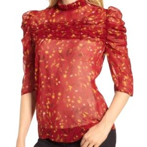 EUC Chelsea28 Nordstrom Puff Sleeve Maroon Floral Chiffon Blouse- Size L…